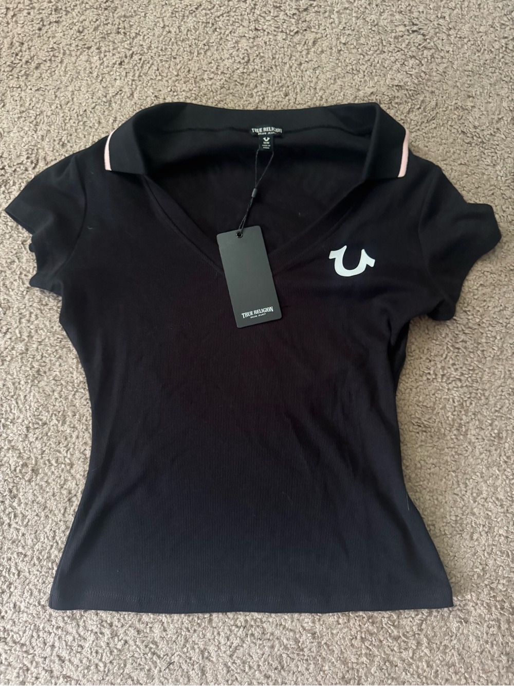True Religion Black Polo V-Neck Top with White Logo and Pink Trim